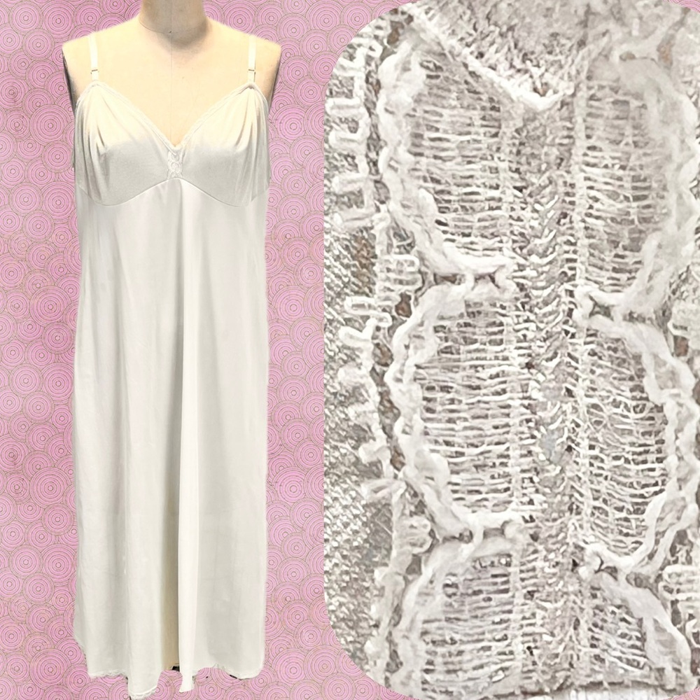 VINTAGE 70s 80s long maxi dress slip lingerie crochet lace accent ivory cream